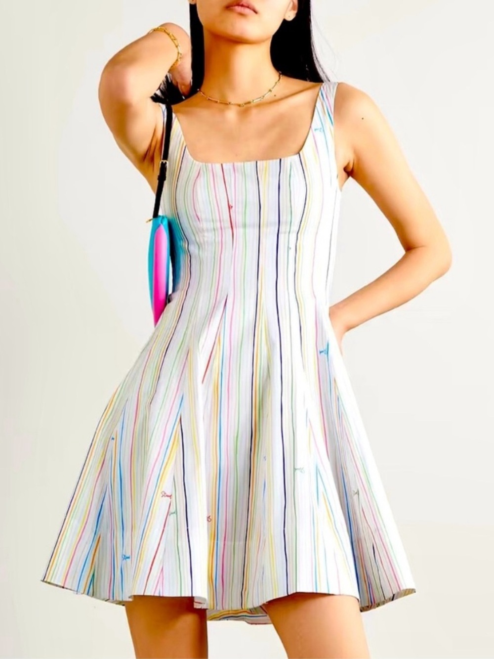 STAUD White Mini Dress with Multicolor Pinstripes